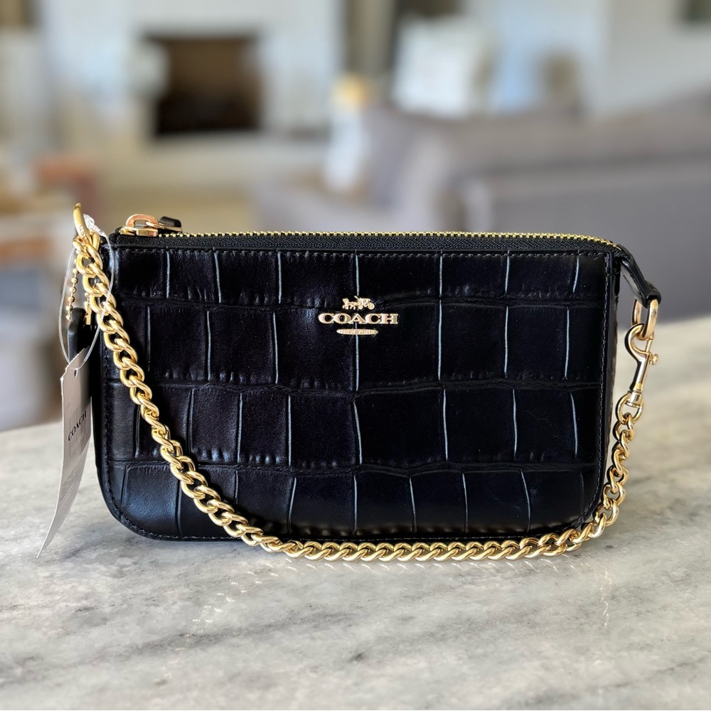 Coach Nolita 19 Black Croc Embossed Leather Mini Clutch Bag Gold Hardware